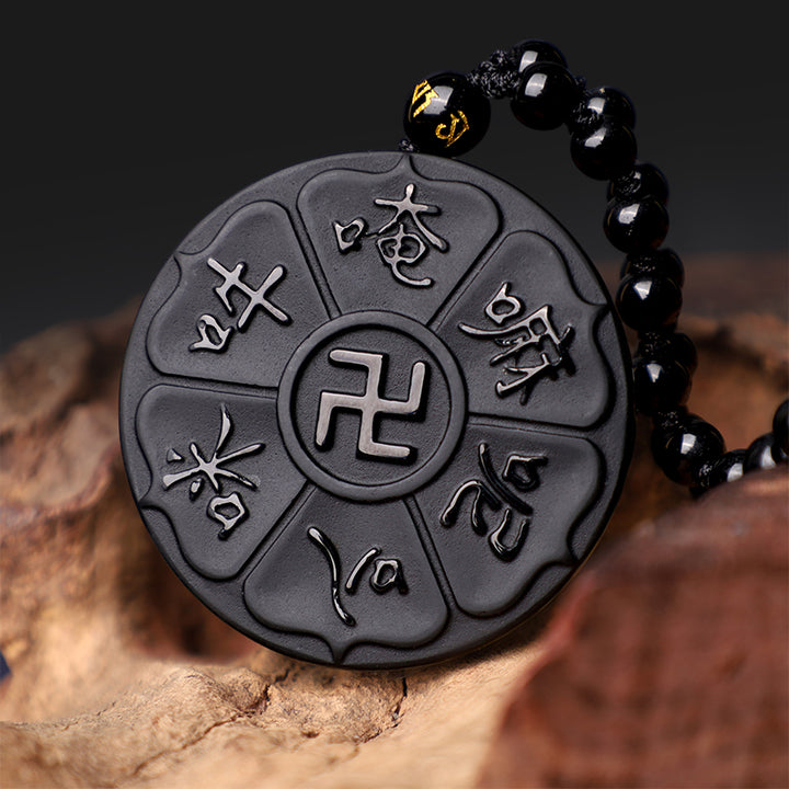 Collier pendentif porte-bonheur tibétain en pierres de Buddha Stones en obsidienne noire naturelle Om Mani Padme Hum Bouddha Swastika