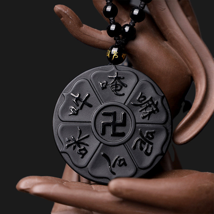 Collier pendentif porte-bonheur tibétain en pierres de Buddha Stones en obsidienne noire naturelle Om Mani Padme Hum Bouddha Swastika
