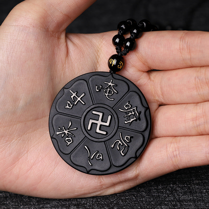 Collier pendentif porte-bonheur tibétain en pierres de Buddha Stones en obsidienne noire naturelle Om Mani Padme Hum Bouddha Swastika