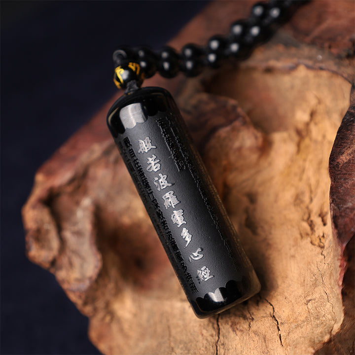 Collier pendentif de purification du Sutra du cœur en obsidienne noire naturelle de Buddha Stones