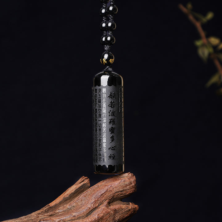 Collier pendentif de purification du Sutra du cœur en obsidienne noire naturelle de Buddha Stones