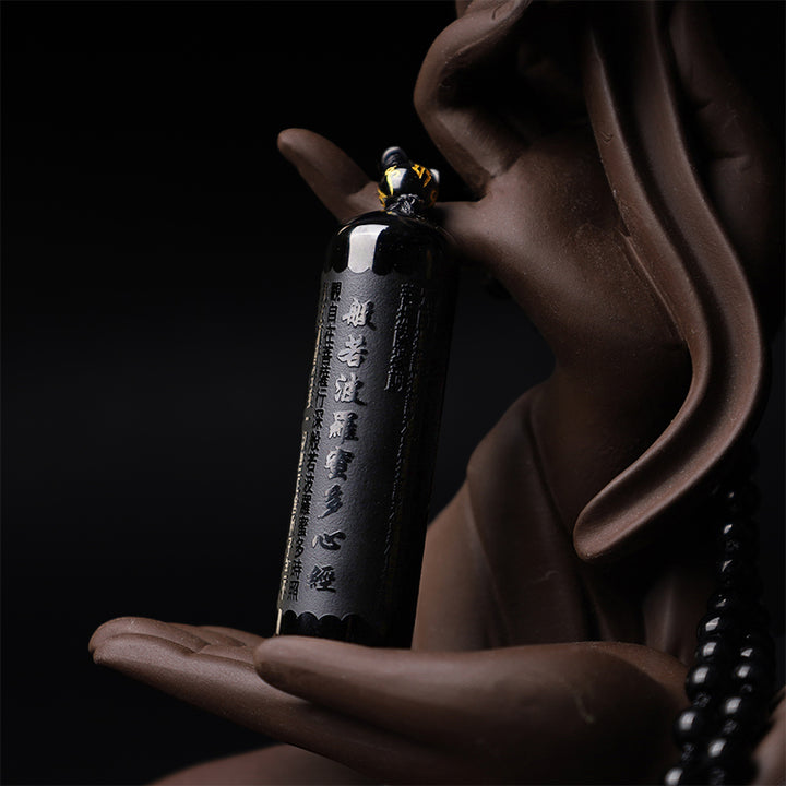 Collier pendentif de purification du Sutra du cœur en obsidienne noire naturelle de Buddha Stones