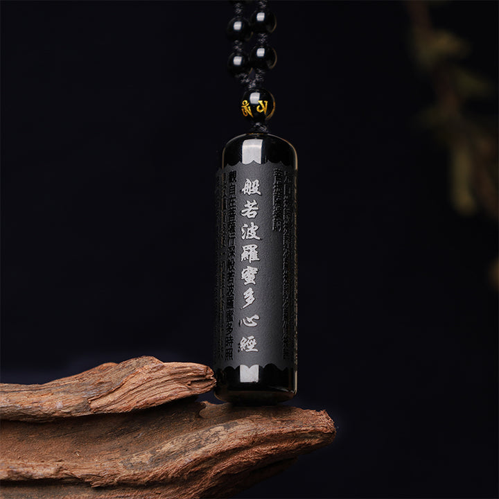 Collier pendentif de purification du Sutra du cœur en obsidienne noire naturelle de Buddha Stones