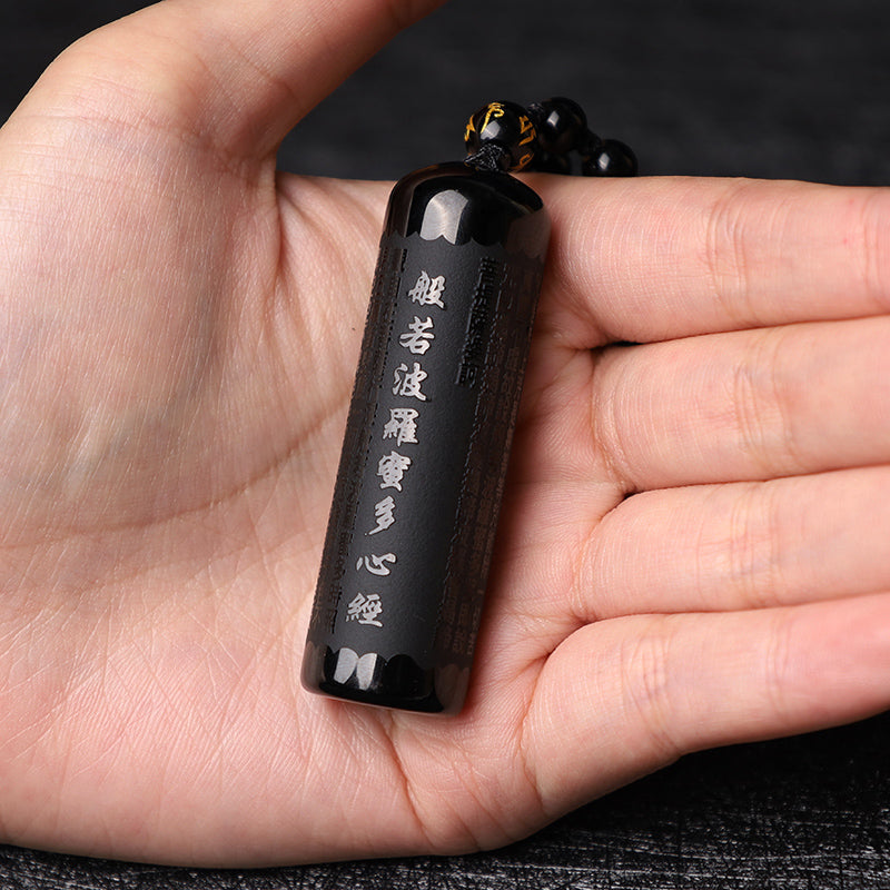 Collier pendentif de purification du Sutra du cœur en obsidienne noire naturelle de Buddha Stones