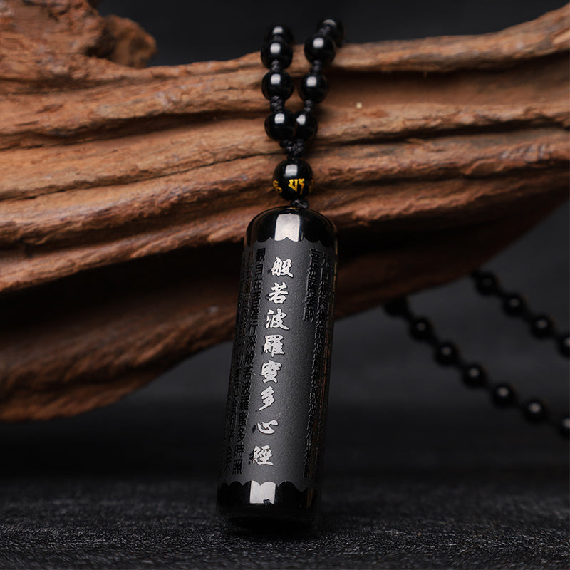 Collier pendentif de purification du Sutra du cœur en obsidienne noire naturelle de Buddha Stones