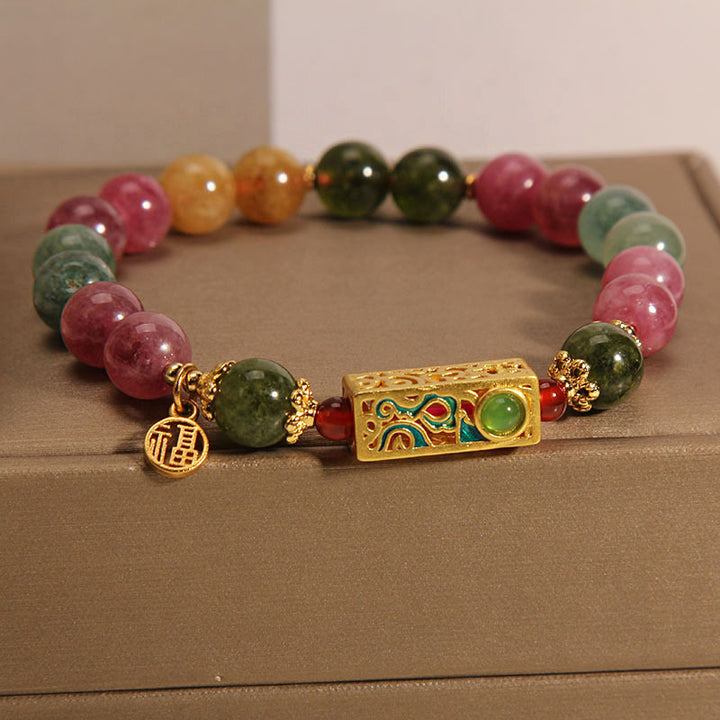 Bracelet à breloques en tourmaline colorée avec Buddha Stones et caractère positif Fu