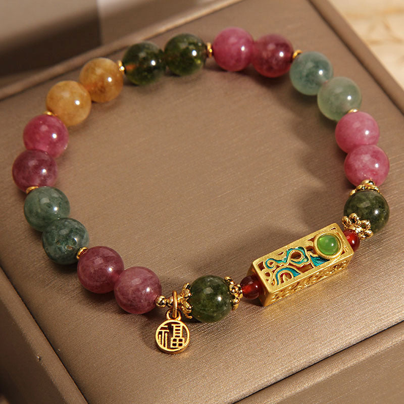 Bracelet à breloques en tourmaline colorée avec Buddha Stones et caractère positif Fu