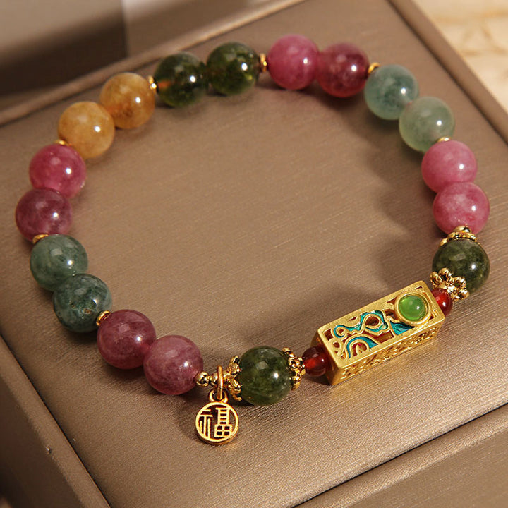 Bracelet à breloques en tourmaline colorée avec Buddha Stones et caractère positif Fu