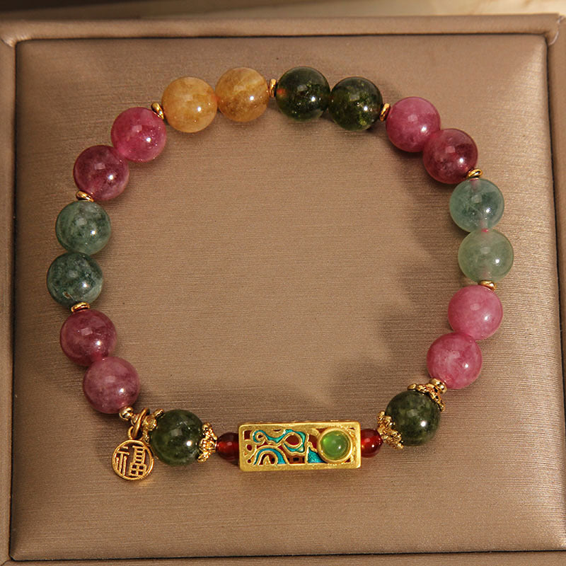 Bracelet à breloques en tourmaline colorée avec Buddha Stones et caractère positif Fu