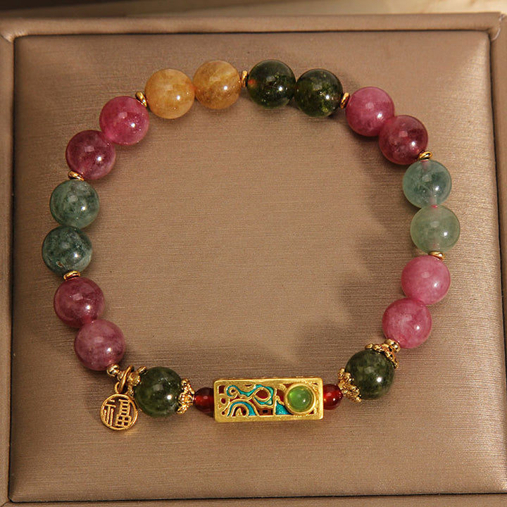 Bracelet à breloques en tourmaline colorée avec Buddha Stones et caractère positif Fu