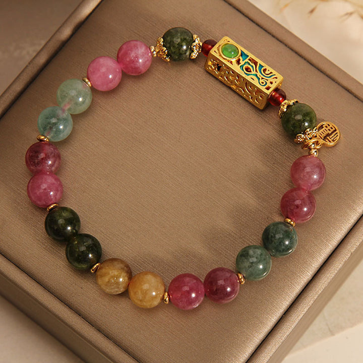 Bracelet à breloques en tourmaline colorée avec Buddha Stones et caractère positif Fu