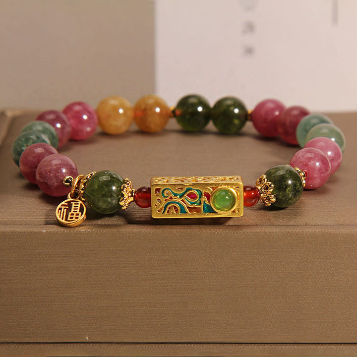 Bracelet à breloques en tourmaline colorée avec Buddha Stones et caractère positif Fu