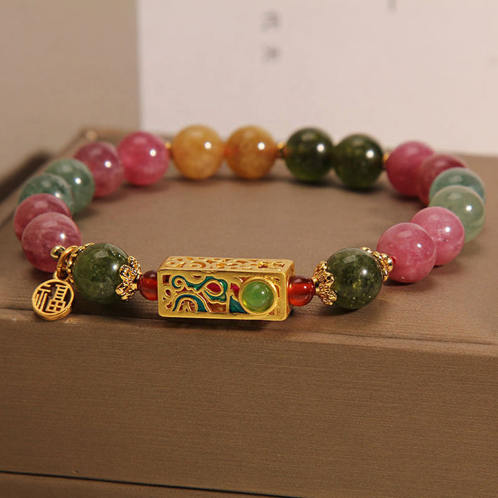 Bracelet à breloques en tourmaline colorée avec Buddha Stones et caractère positif Fu
