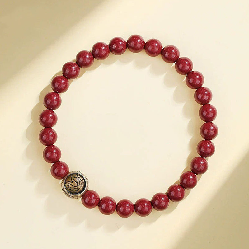 Bracelet de bénédiction des quatre bêtes en argent sterling 925 et cinabre naturel de Buddha Stones - 6 mm - Tigre blanc (tour de poignet 14-16 cm) - image 0