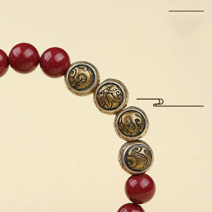 Bracelet de bénédiction des quatre bêtes en argent sterling 925 et cinabre naturel de Buddha Stones