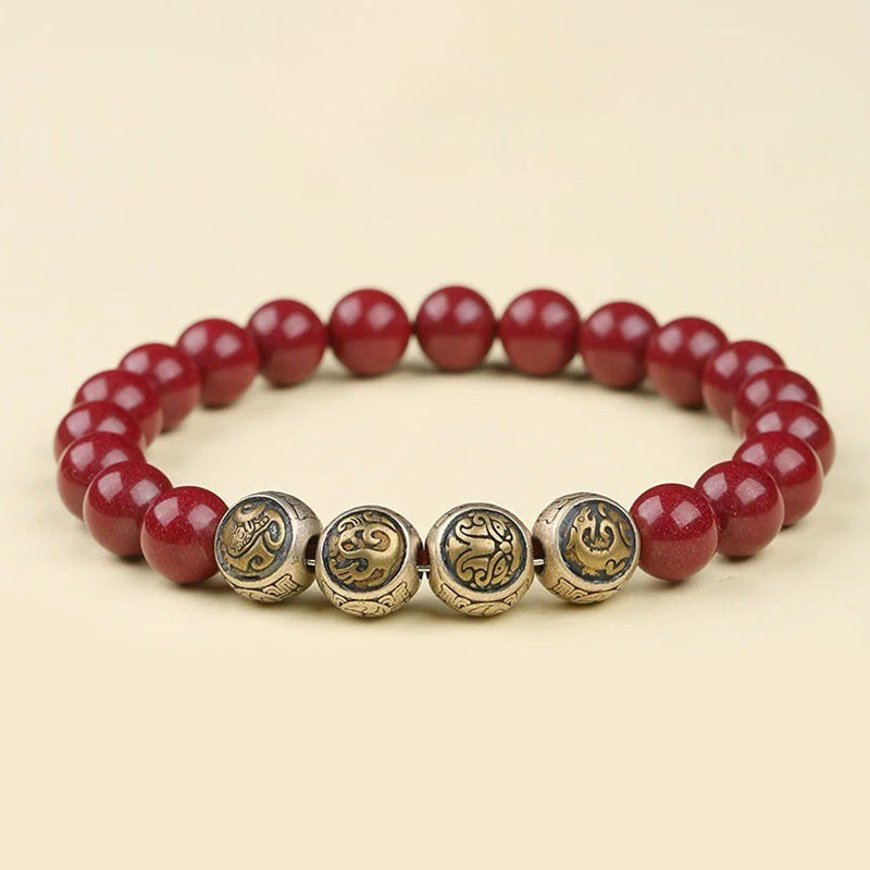 Bracelet de bénédiction des quatre bêtes en argent sterling 925 et cinabre naturel de Buddha Stones