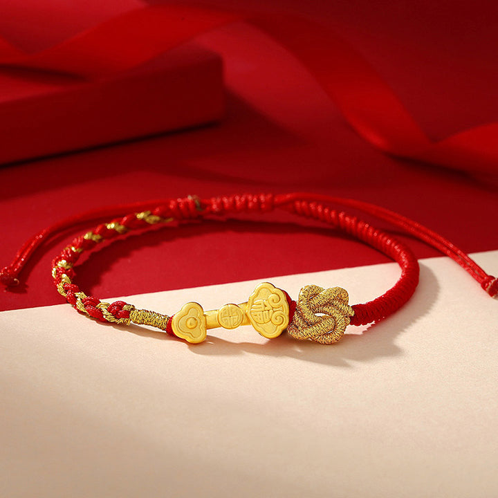 Bracelet en corde porte-bonheur avec poignée Ruyi en argent sterling 999 et Buddha Stones