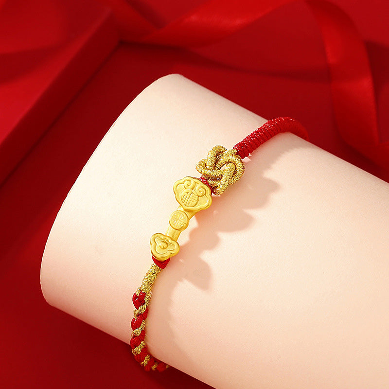 Bracelet en corde porte-bonheur avec poignée Ruyi en argent sterling 999 et Buddha Stones