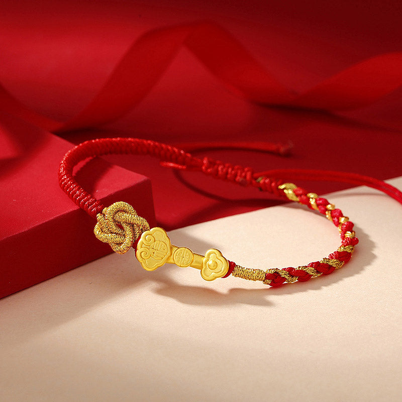 Bracelet en corde porte-bonheur avec poignée Ruyi en argent sterling 999 et Buddha Stones