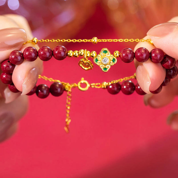 Bracelet chaîne de bénédiction en argent sterling 925 avec trèfle à quatre feuilles en cinabre naturel de Buddha Stones - image 4