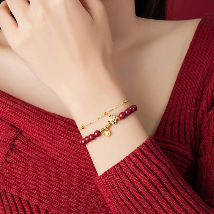 Bracelet chaîne de bénédiction en argent sterling 925 avec trèfle à quatre feuilles en cinabre naturel de Buddha Stones - image 6