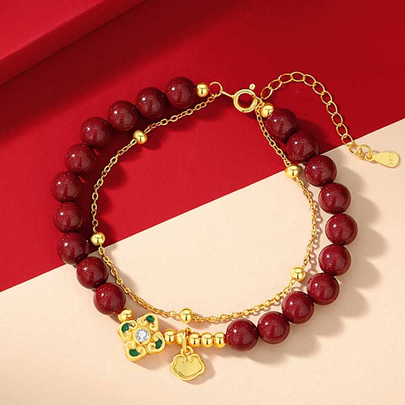Bracelet chaîne de bénédiction en argent sterling 925 avec trèfle à quatre feuilles en cinabre naturel de Buddha Stones - image 3
