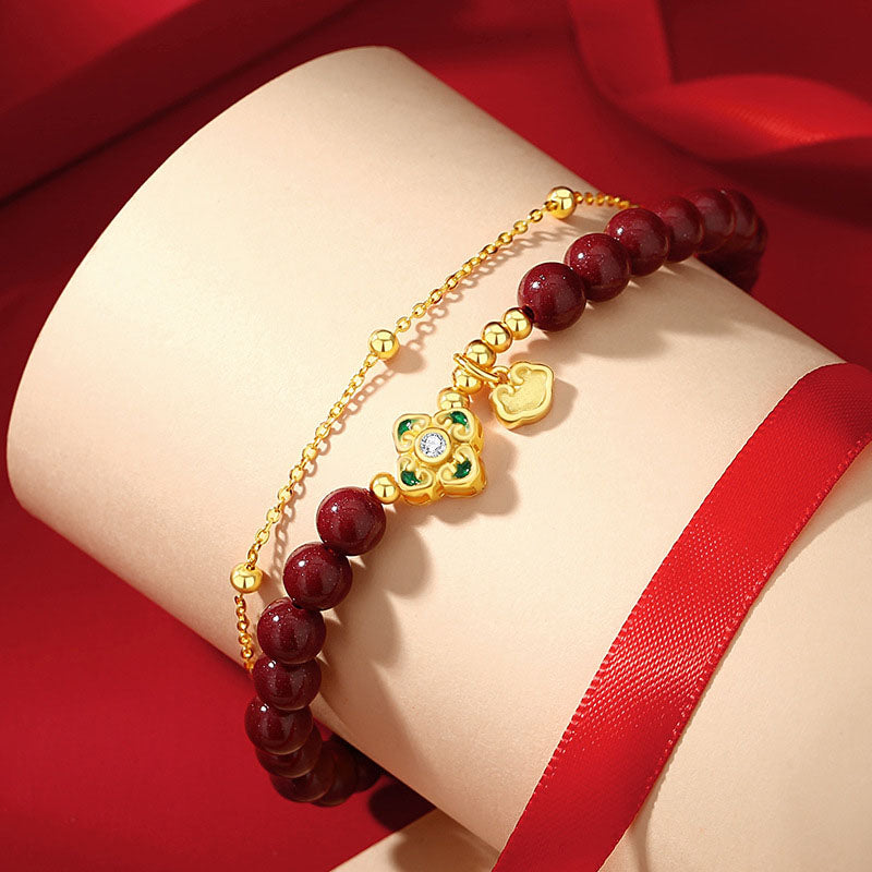 Bracelet chaîne de bénédiction en argent sterling 925 avec trèfle à quatre feuilles en cinabre naturel de Buddha Stones - image 1