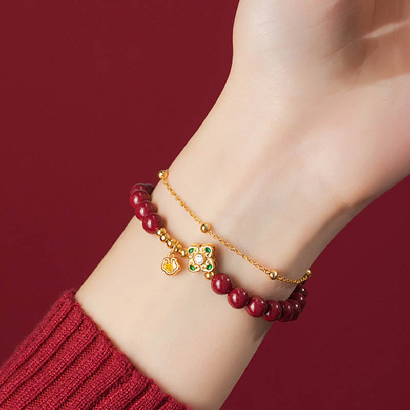 Bracelet chaîne de bénédiction en argent sterling 925 avec trèfle à quatre feuilles en cinabre naturel de Buddha Stones - image 5