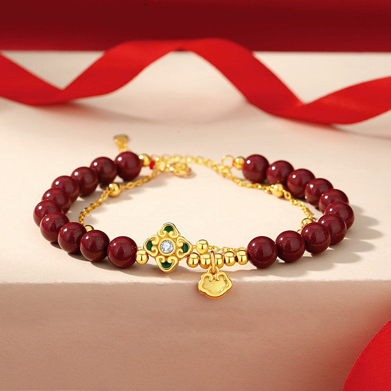 Bracelet chaîne de bénédiction en argent sterling 925 avec trèfle à quatre feuilles en cinabre naturel de Buddha Stones - 14-15 cm - image 0