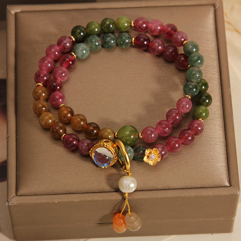 Bracelet à breloques double tour en forme de gourde avec tourmaline multicolore de Buddha Stones