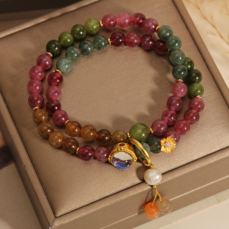 Bracelet à breloques double tour en forme de gourde avec tourmaline multicolore de Buddha Stones