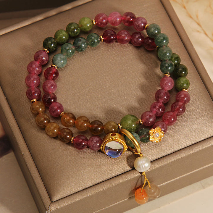 Bracelet à breloques double tour en forme de gourde avec tourmaline multicolore de Buddha Stones