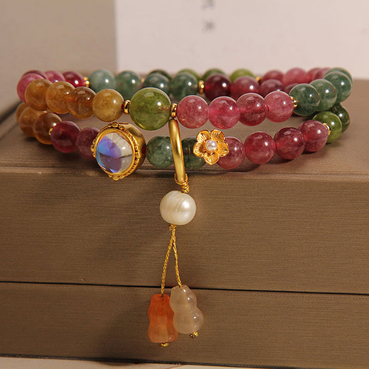 Bracelet à breloques double tour en forme de gourde avec tourmaline multicolore de Buddha Stones