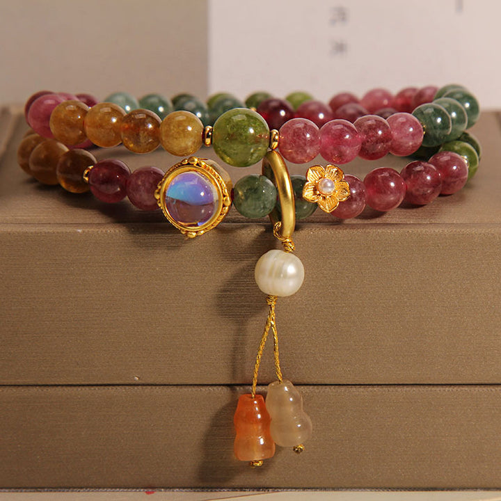 Bracelet à breloques double tour en forme de gourde avec tourmaline multicolore de Buddha Stones