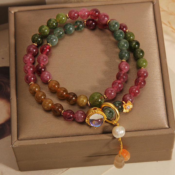 Bracelet à breloques double tour en forme de gourde avec tourmaline multicolore de Buddha Stones