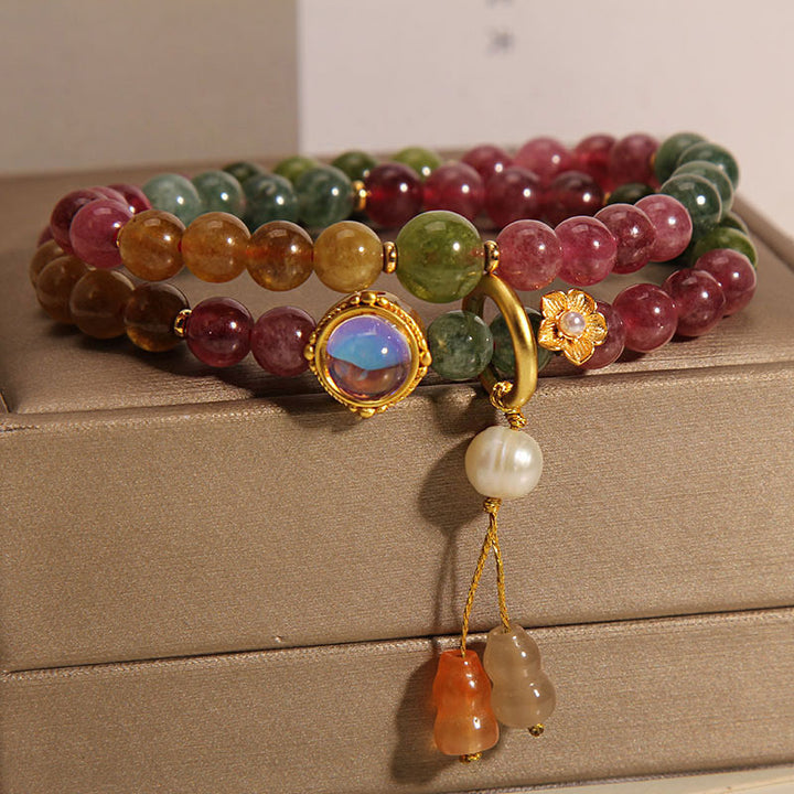 Bracelet à breloques double tour en forme de gourde avec tourmaline multicolore de Buddha Stones