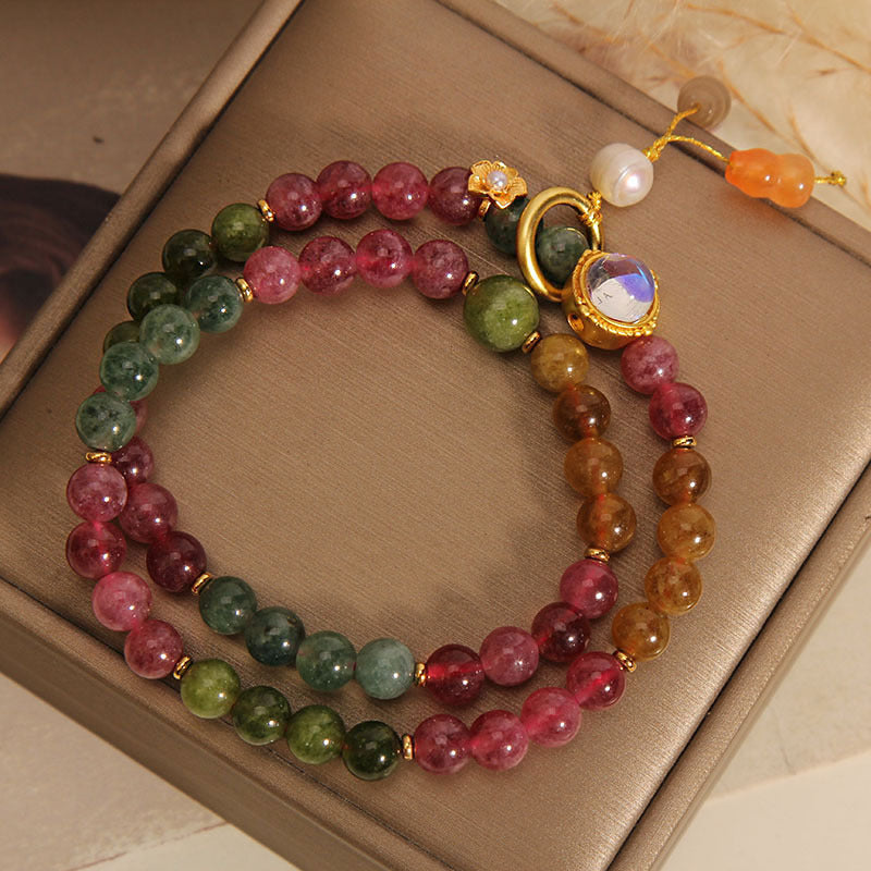 Bracelet à breloques double tour en forme de gourde avec tourmaline multicolore de Buddha Stones