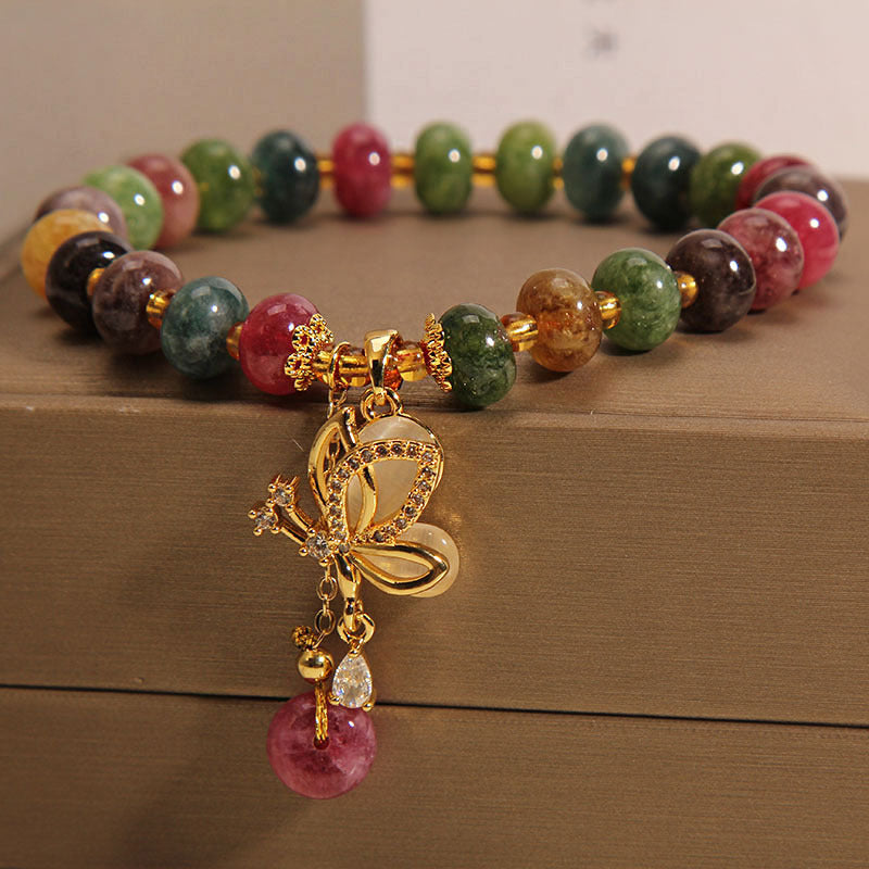 Bracelet de sagesse avec breloque papillon en tourmaline colorée et Buddha Stones