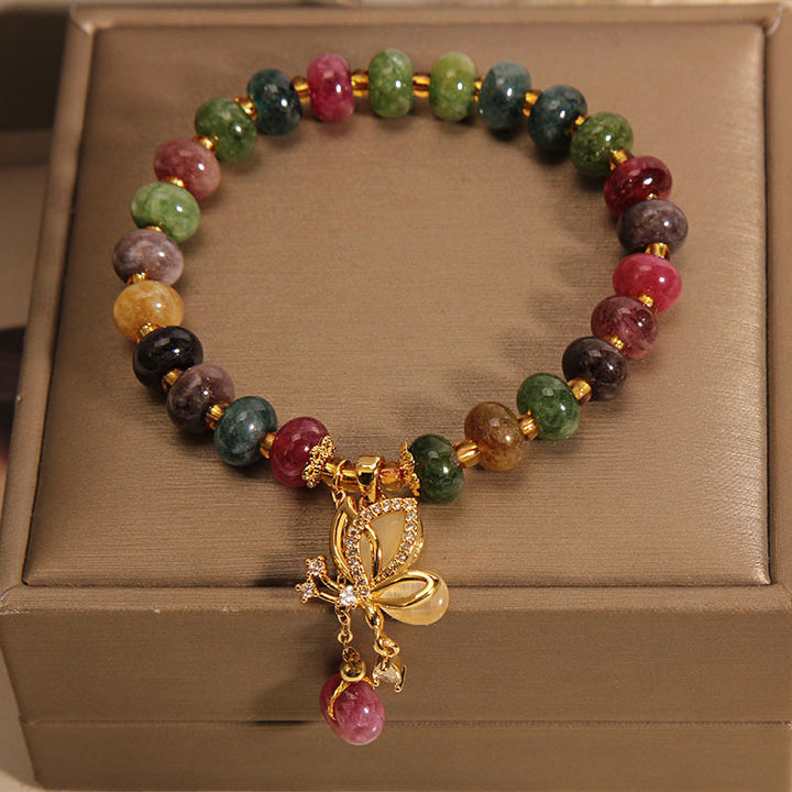 Bracelet de sagesse avec breloque papillon en tourmaline colorée et Buddha Stones