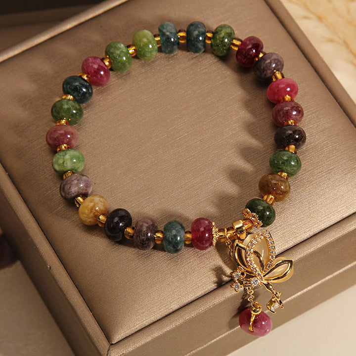 Bracelet de sagesse avec breloque papillon en tourmaline colorée et Buddha Stones