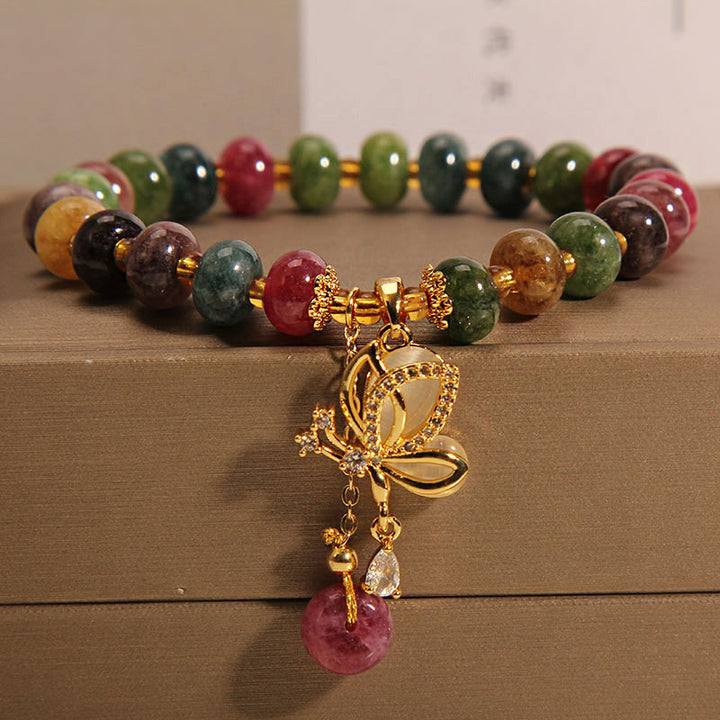 Bracelet de sagesse avec breloque papillon en tourmaline colorée et Buddha Stones