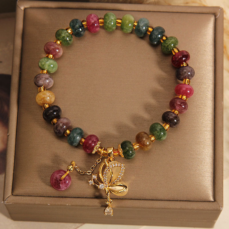 Bracelet de sagesse avec breloque papillon en tourmaline colorée et Buddha Stones