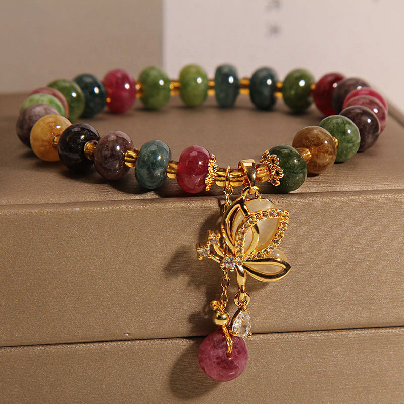 Bracelet de sagesse avec breloque papillon en tourmaline colorée et Buddha Stones