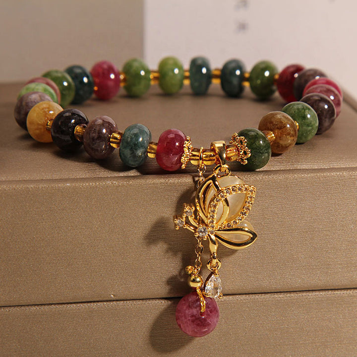 Bracelet de sagesse avec breloque papillon en tourmaline colorée et Buddha Stones