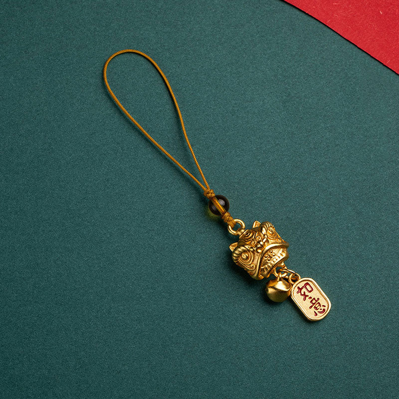 Buddha Stones Lion dansant Auspicieux Ruyi Paix Sûre Riche Cuivre Richesse Téléphone Décoration Suspendue