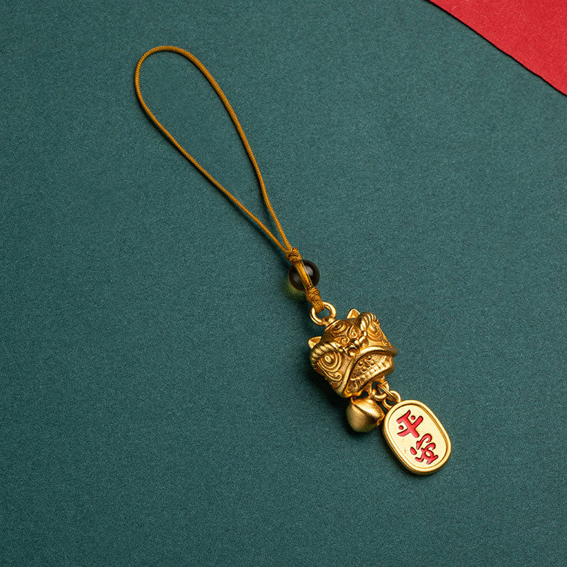 Buddha Stones Lion dansant Auspicieux Ruyi Paix Sûre Riche Cuivre Richesse Téléphone Décoration Suspendue