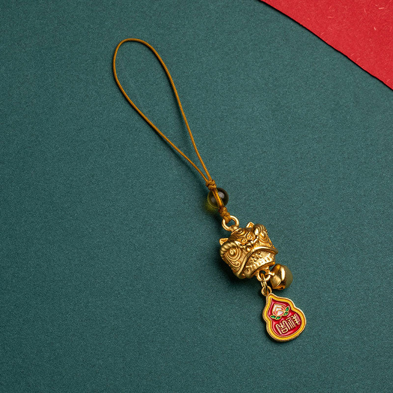 Buddha Stones Lion dansant Auspicieux Ruyi Paix Sûre Riche Cuivre Richesse Téléphone Décoration Suspendue