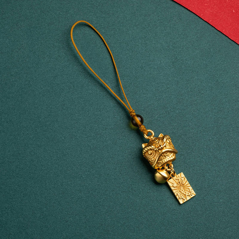 Buddha Stones Lion dansant Auspicieux Ruyi Paix Sûre Riche Cuivre Richesse Téléphone Décoration Suspendue