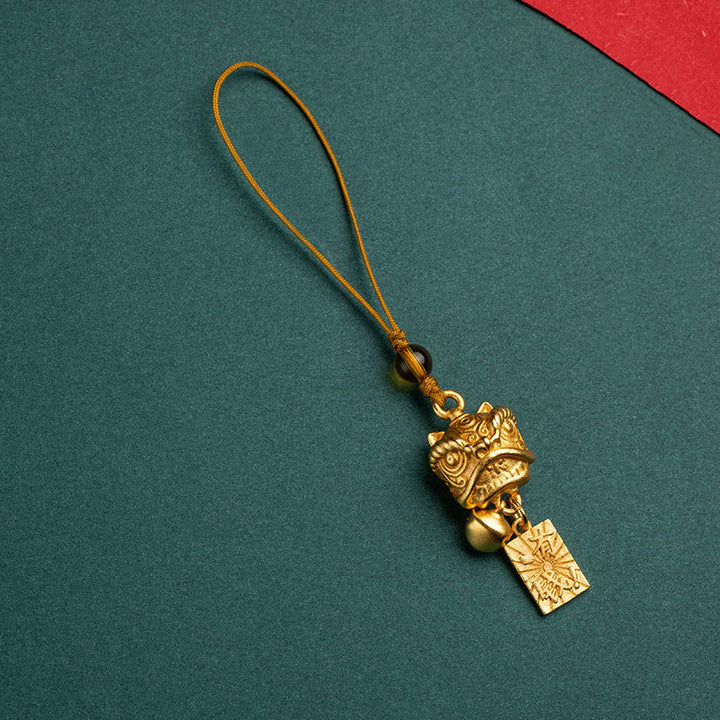 Buddha Stones Lion dansant Auspicieux Ruyi Paix Sûre Riche Cuivre Richesse Téléphone Décoration Suspendue