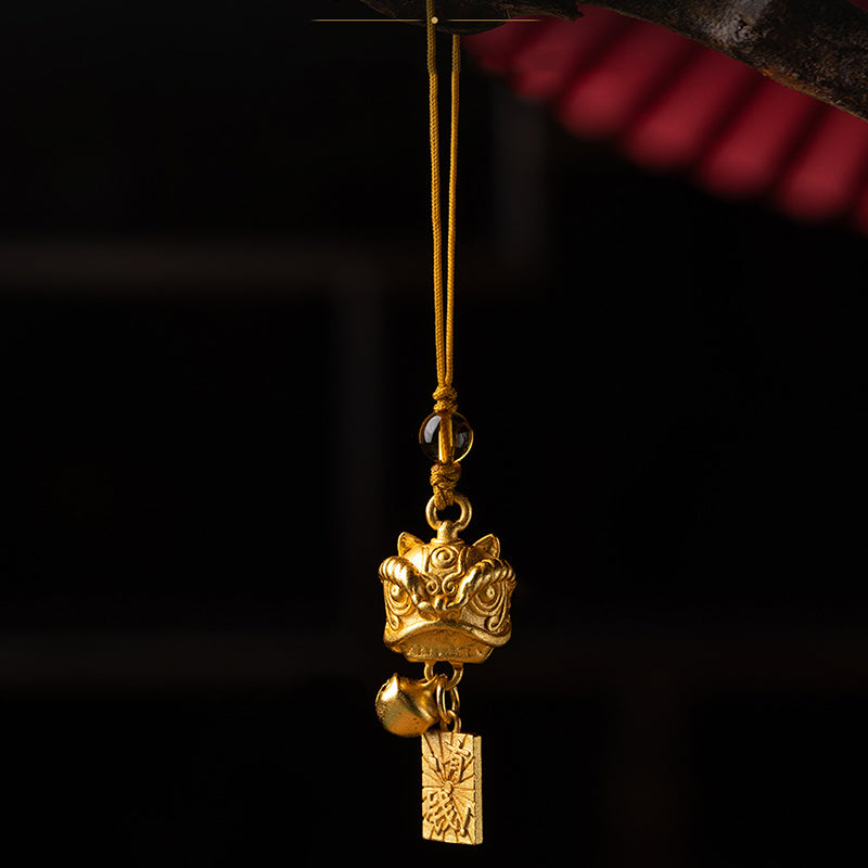 Buddha Stones Lion dansant Auspicieux Ruyi Paix Sûre Riche Cuivre Richesse Téléphone Décoration Suspendue